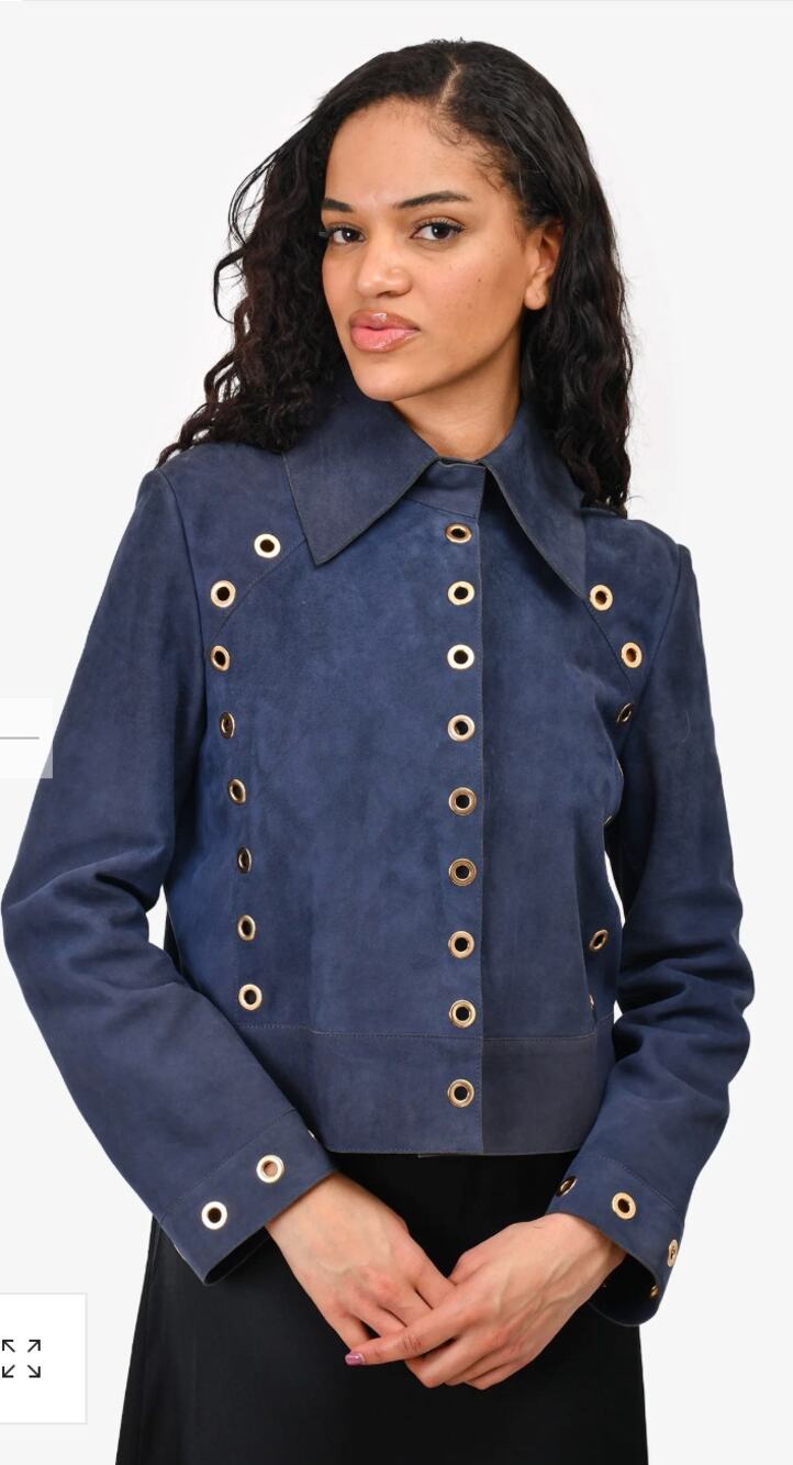 Alberta Ferretti Jacket 2 Suede Blue Gold Grommet Designer Office Luxury Chic